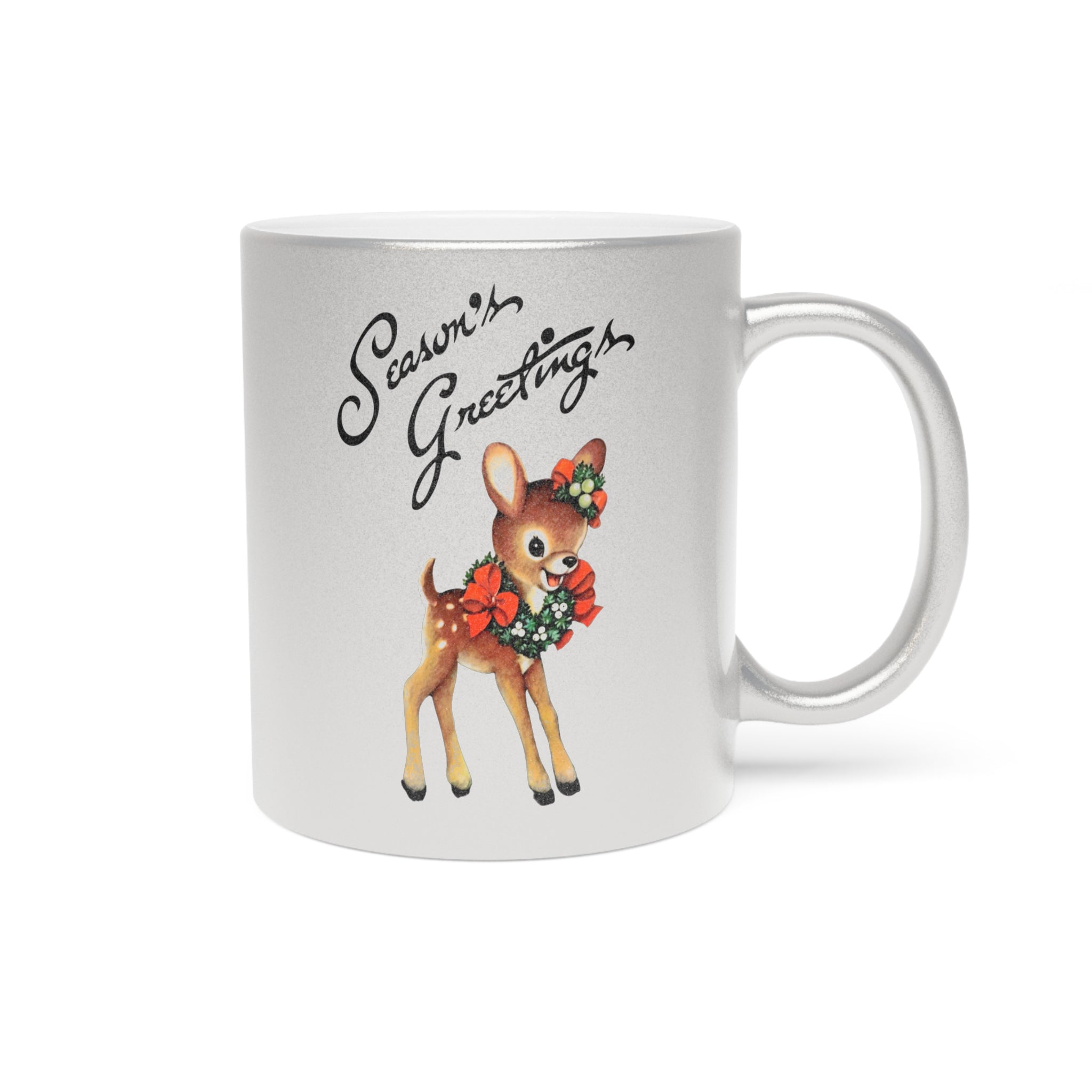 Season's Greetings Cute Reindeer Mid Century Retro Christmas Silver Metallic Mug