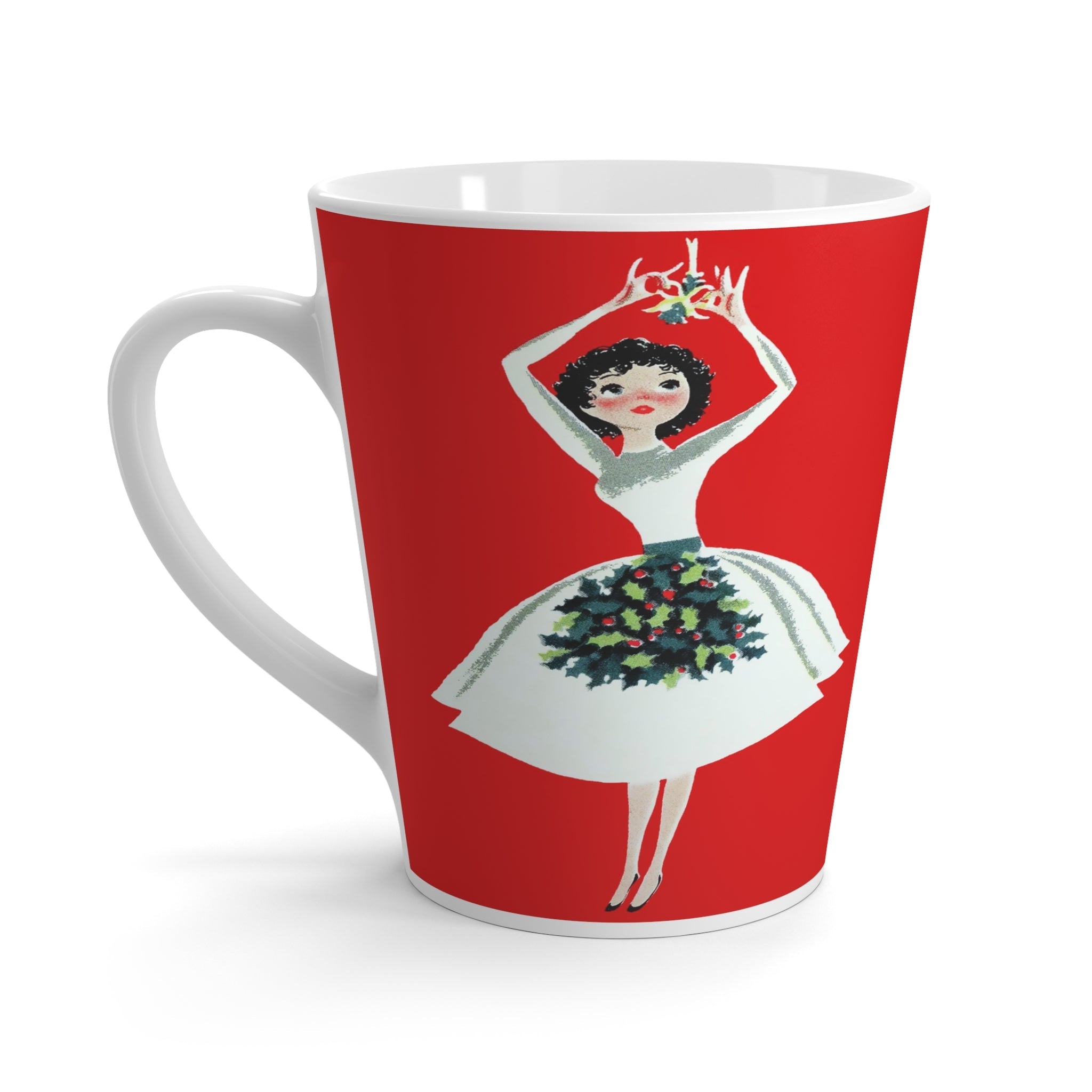Christmas Lady Hanging Mistletoe Retro Christmas Print Latte Mug