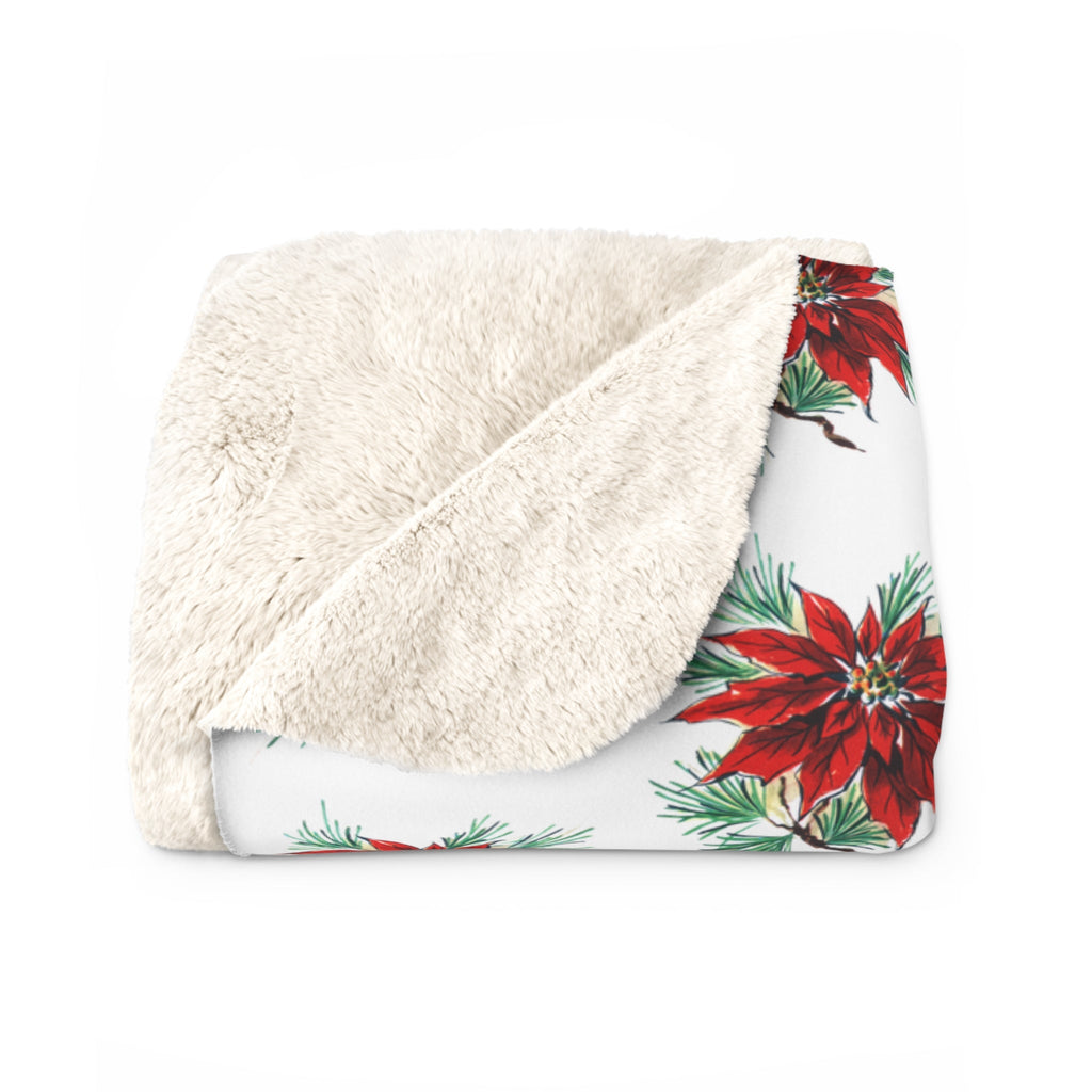 Christmas Poinsettias Mid Century Retro Christmas Print Sherpa Fleece Blanket