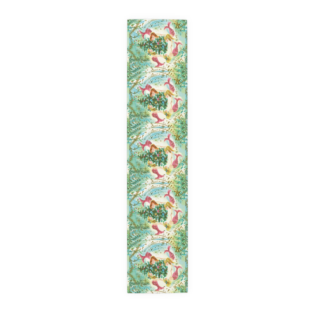 Mermaids Under The Sea Around The Christmas Tree Retro Polyester Table Runner