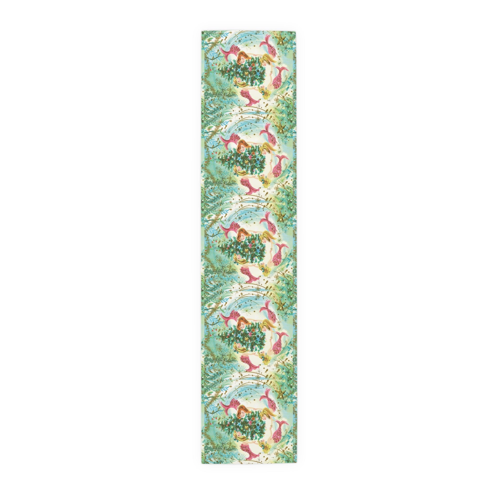 Mermaids Under The Sea Around The Christmas Tree Retro Polyester Table Runner