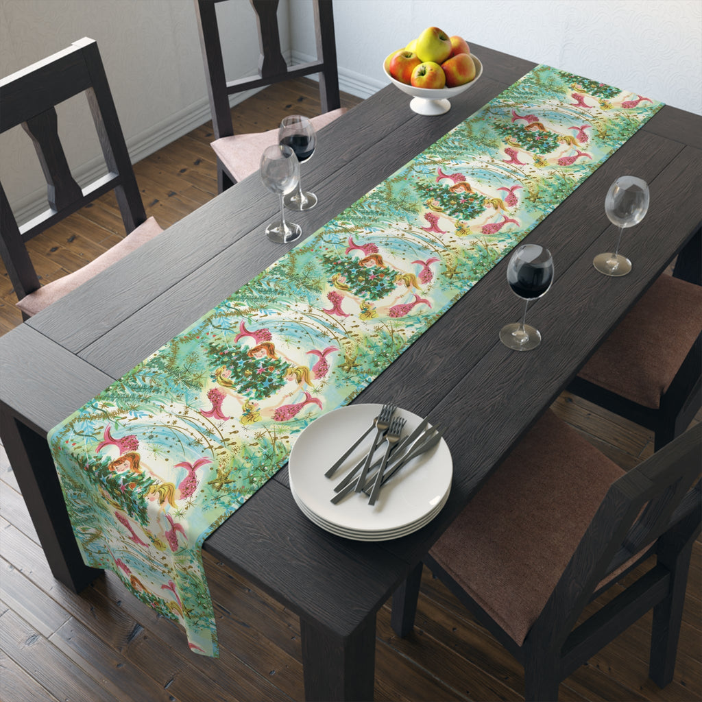 Mermaids Under The Sea Around The Christmas Tree Retro Polyester Table Runner