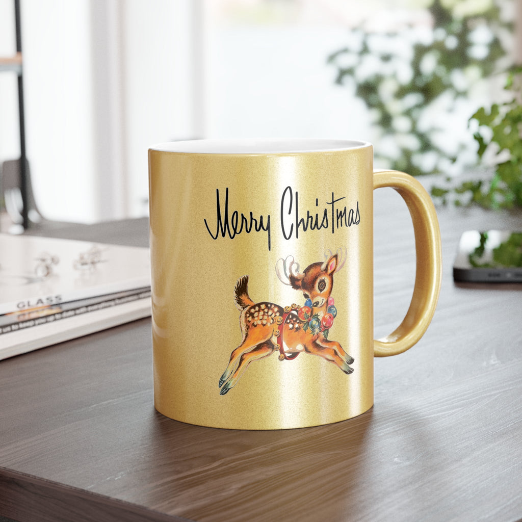 Merry Christmas Mid Century Retro Reindeer Print Gold Metallic Mug
