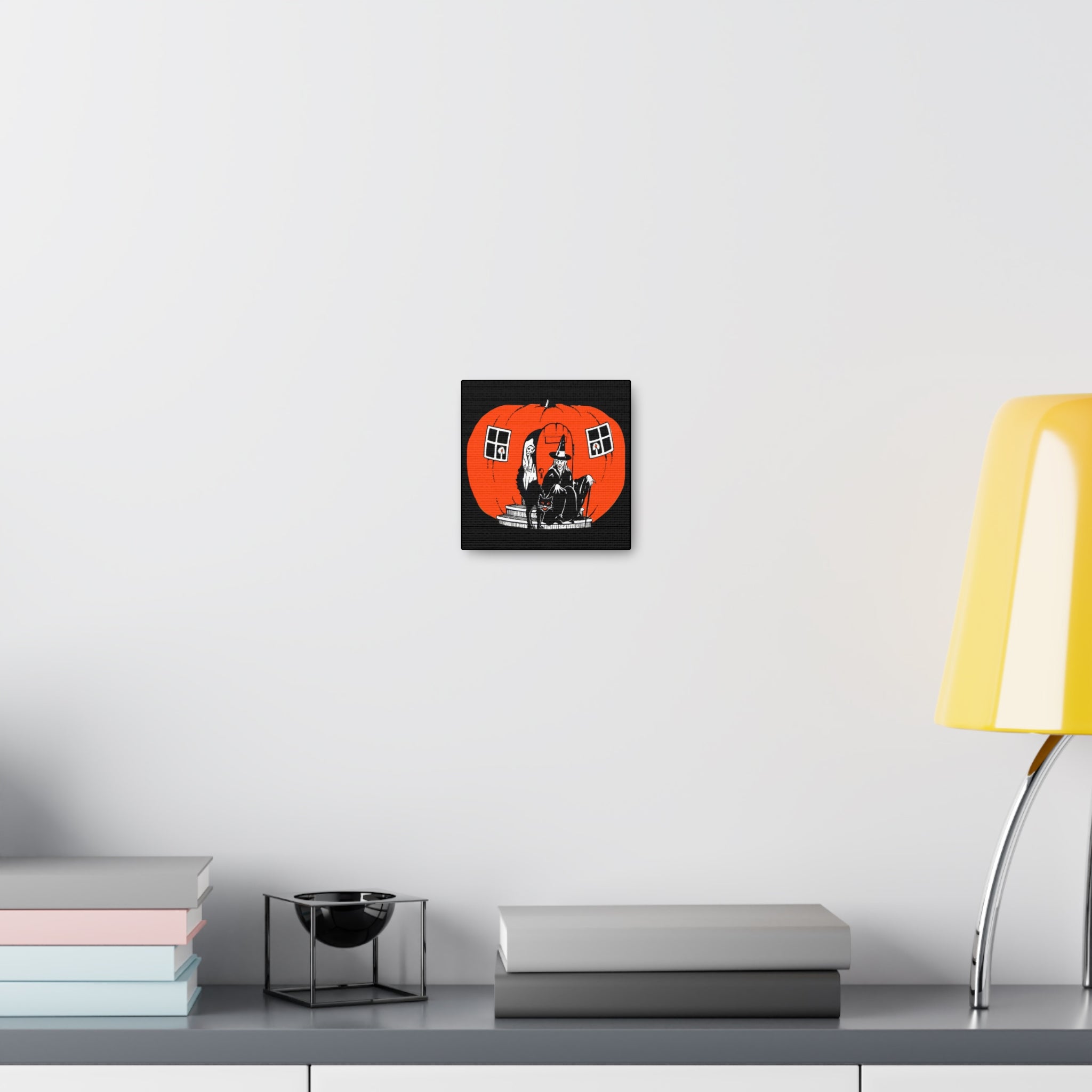 Pumpkin House Witch Black Cat Retro Halloween Decor Print Canvas Gallery Wrap