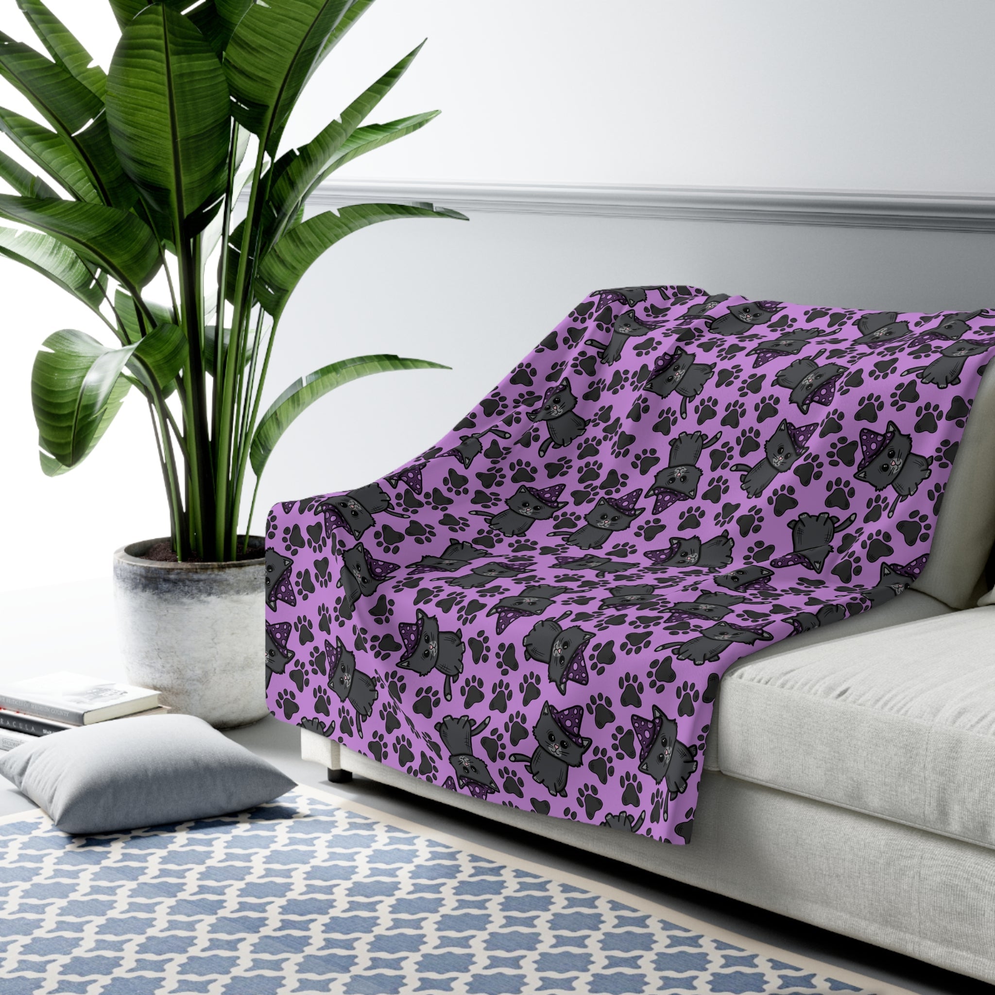 Witchy Kitties Purple Halloween Sherpa Fleece Blanket