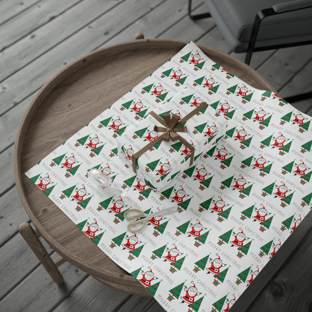 Merry Christmas Santa Christmas Trees Mid Century Retro Christmas Print Holiday Gift Wrap Paper - Glossy Or Matte