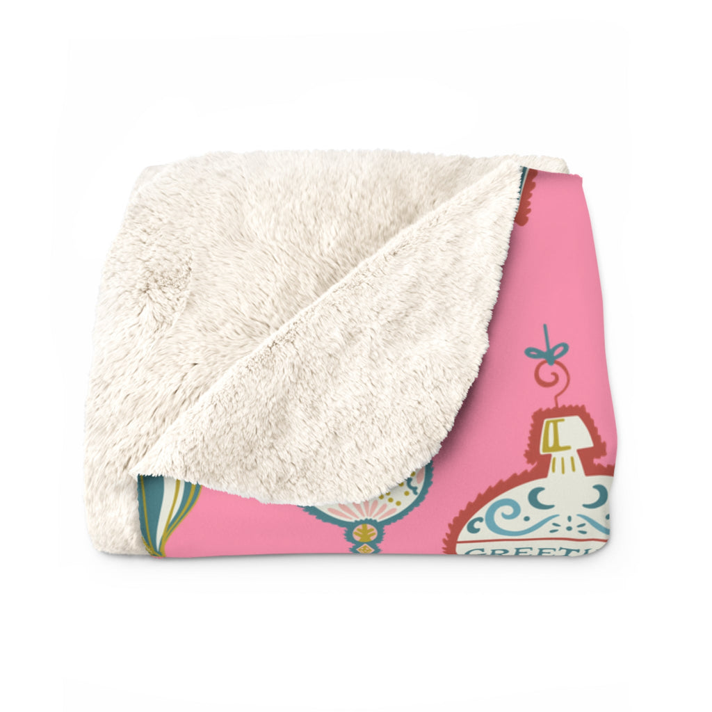 Greetings Christmas Ornaments Retro Style Pink Christmas Print Sherpa Fleece Blanket
