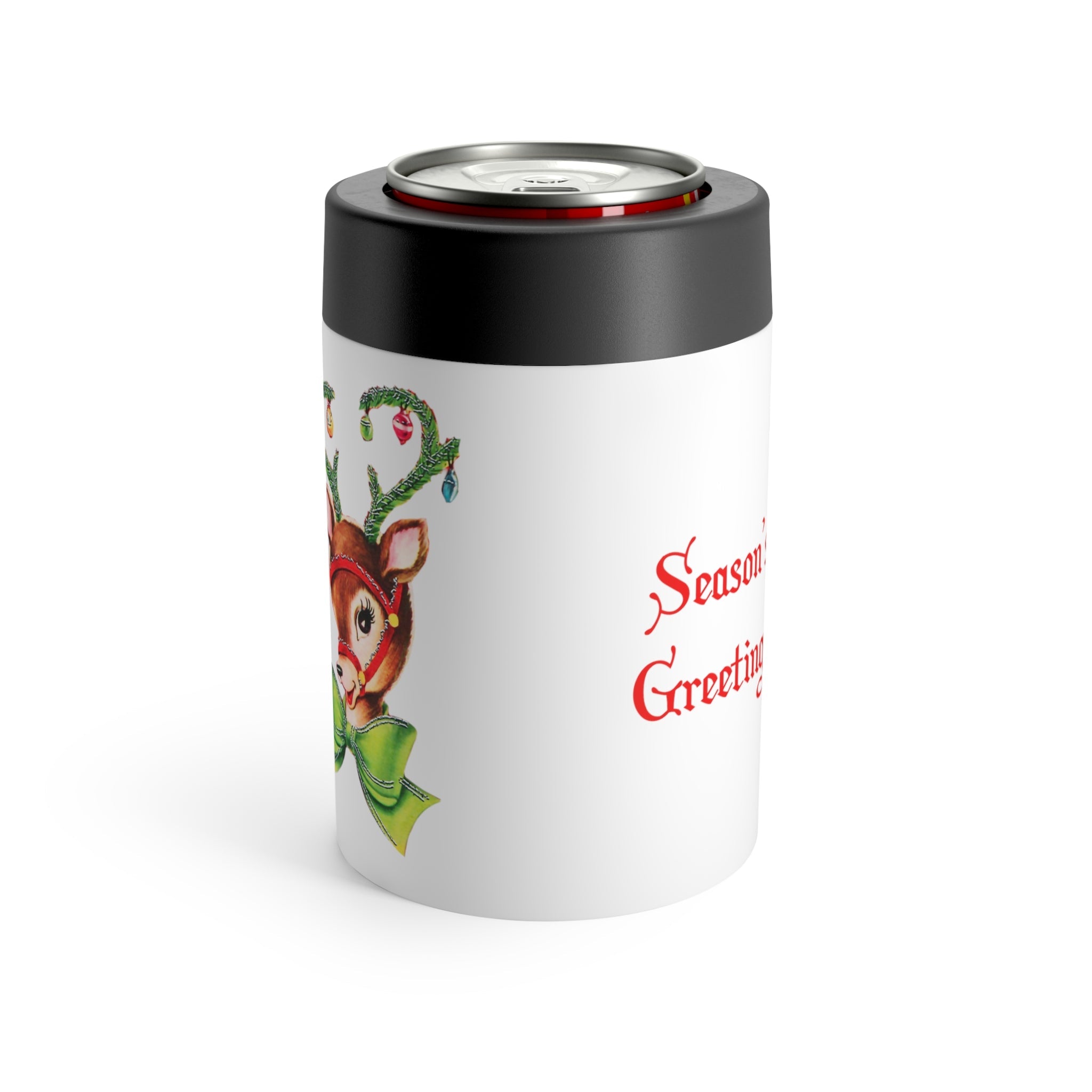 Season's Greetings Reindeer Ornaments Mid Century Retro Christmas Print Stainless Steel Can Holder