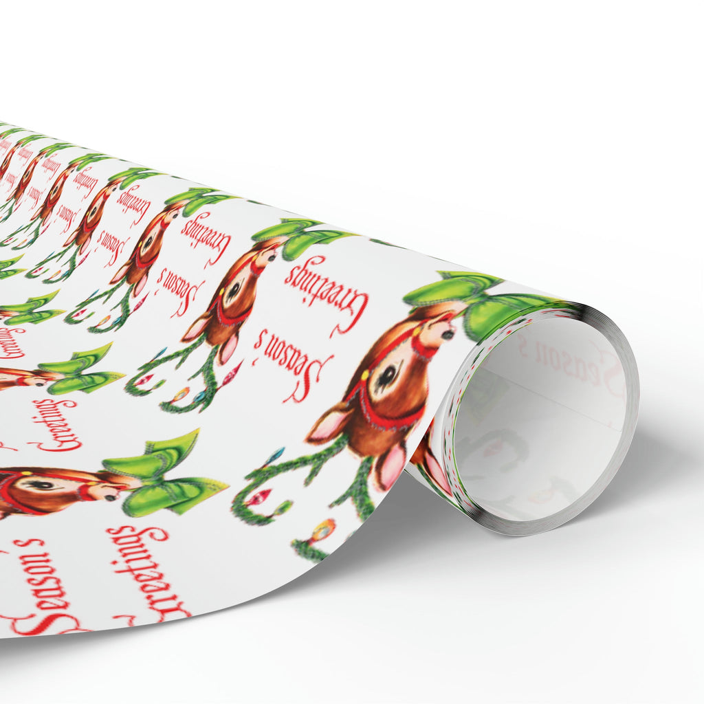 Season's Greetings Reindeer Mid Century Retro Christmas Print Holiday Gift Wrap Paper - Glossy Or Matte