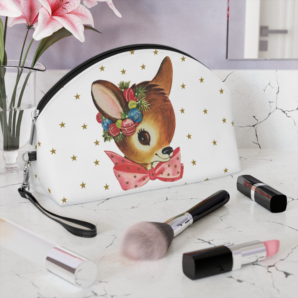 Reindeer Gold Stars Retro Christmas Print Travel Cosmetic Makeup Bag
