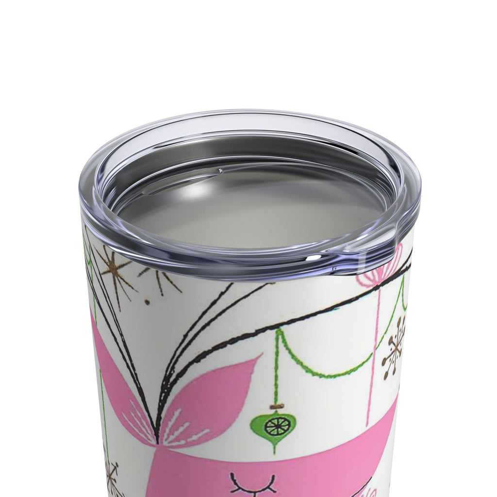 Pink Reindeer With Ornaments Mid Century Retro Christmas Print Stainless Steel Tumbler 10oz