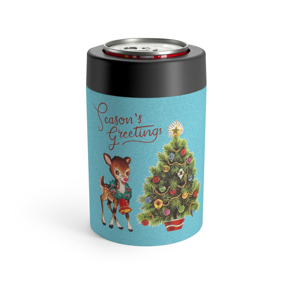 Season's Greeetings Reindeer Christmas Tree Blue Background Mid Century Retro Christmas Print Stainless Steel Can Holder