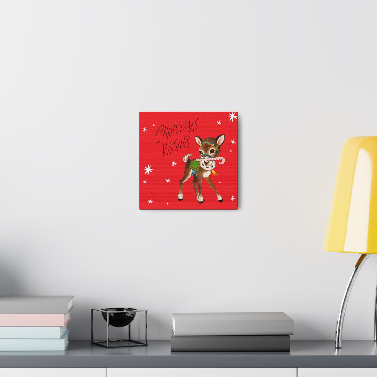 Christmas Wishes Cute Reindeer Mid Century Retro Christmas Canvas Gallery Wrap