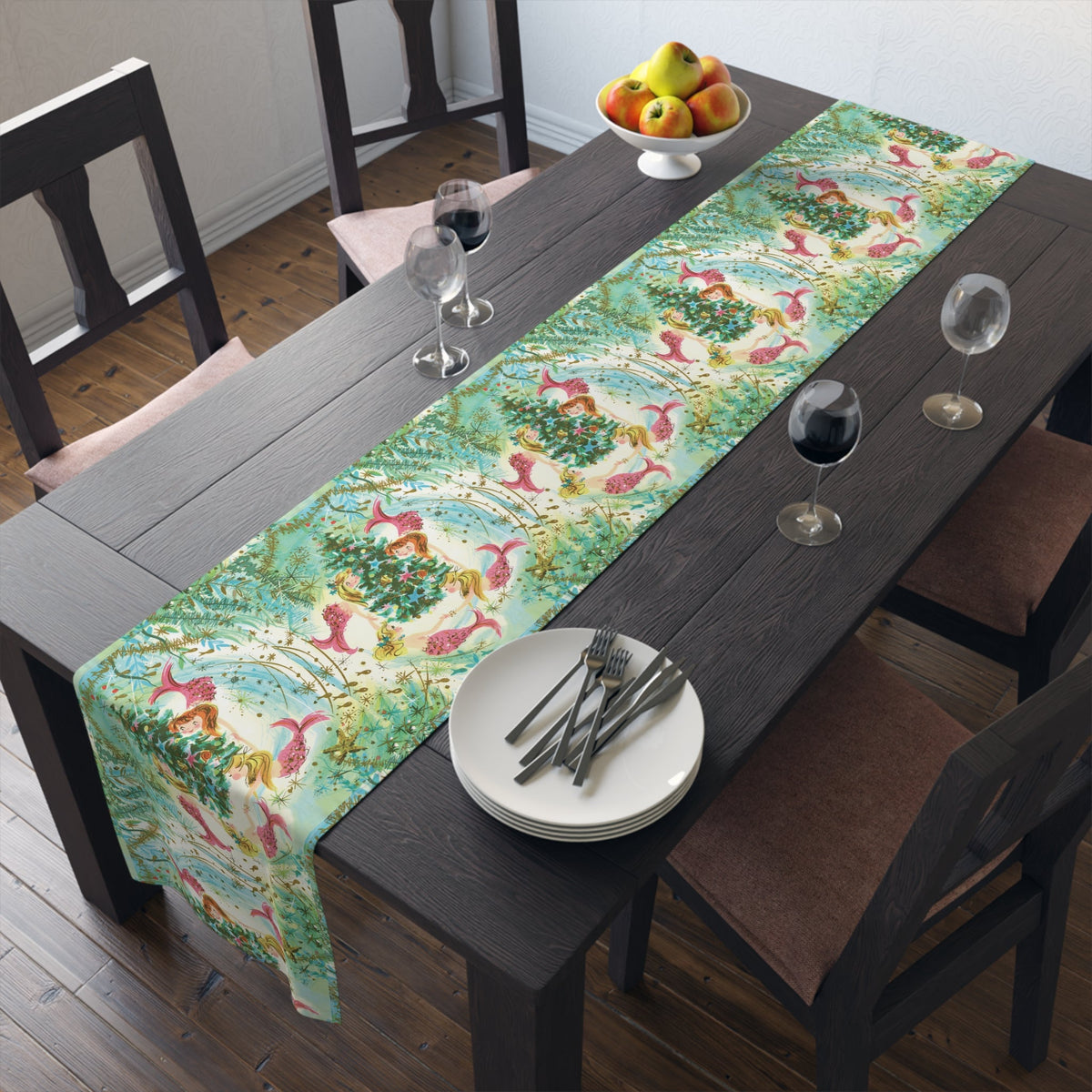 Mermaids Under The Sea Around The Christmas Tree Retro Polyester Table Runner