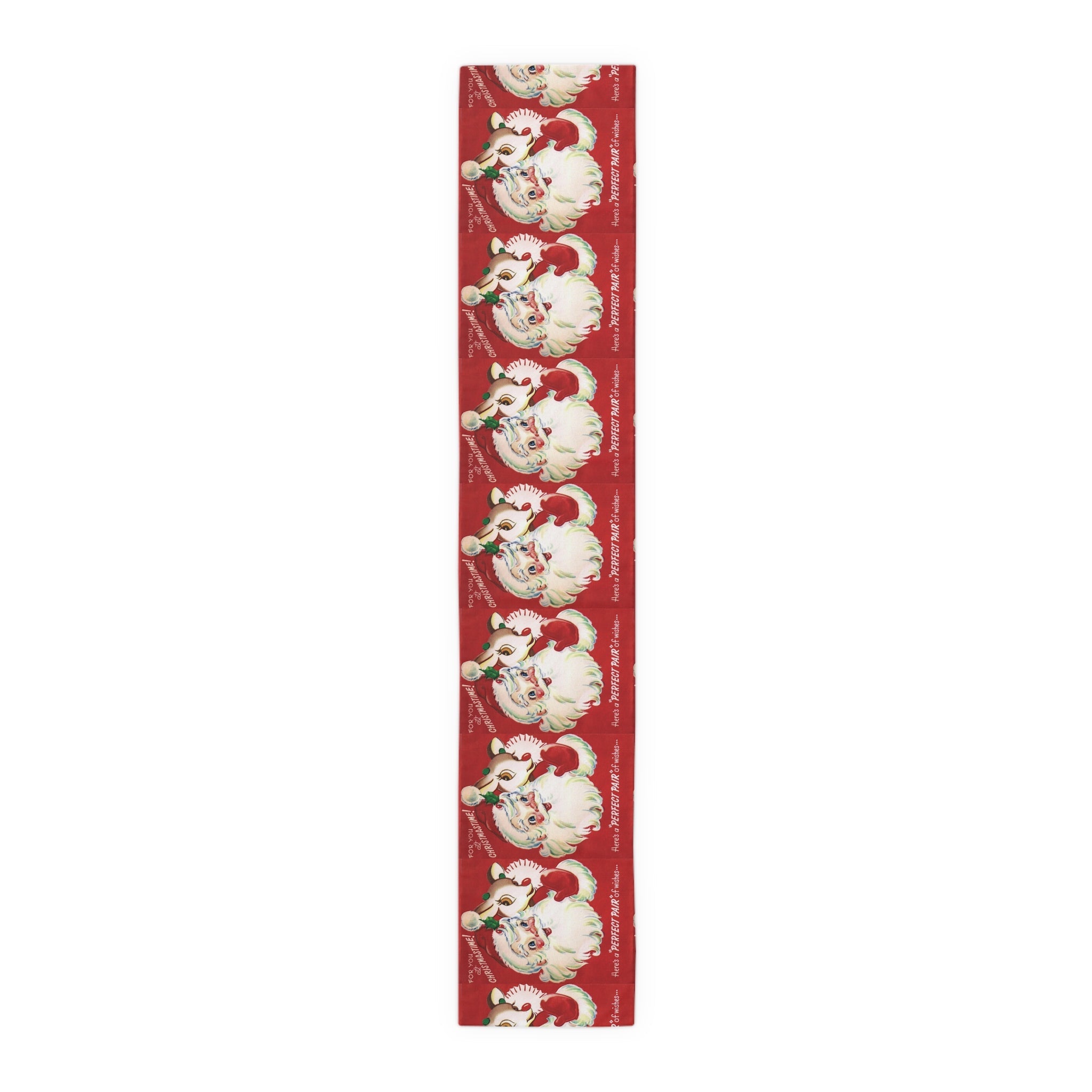 For You At Christmastime Santa And Rudolph Red Retro Christmas Print Home Decor Cotton Poly Table Runner