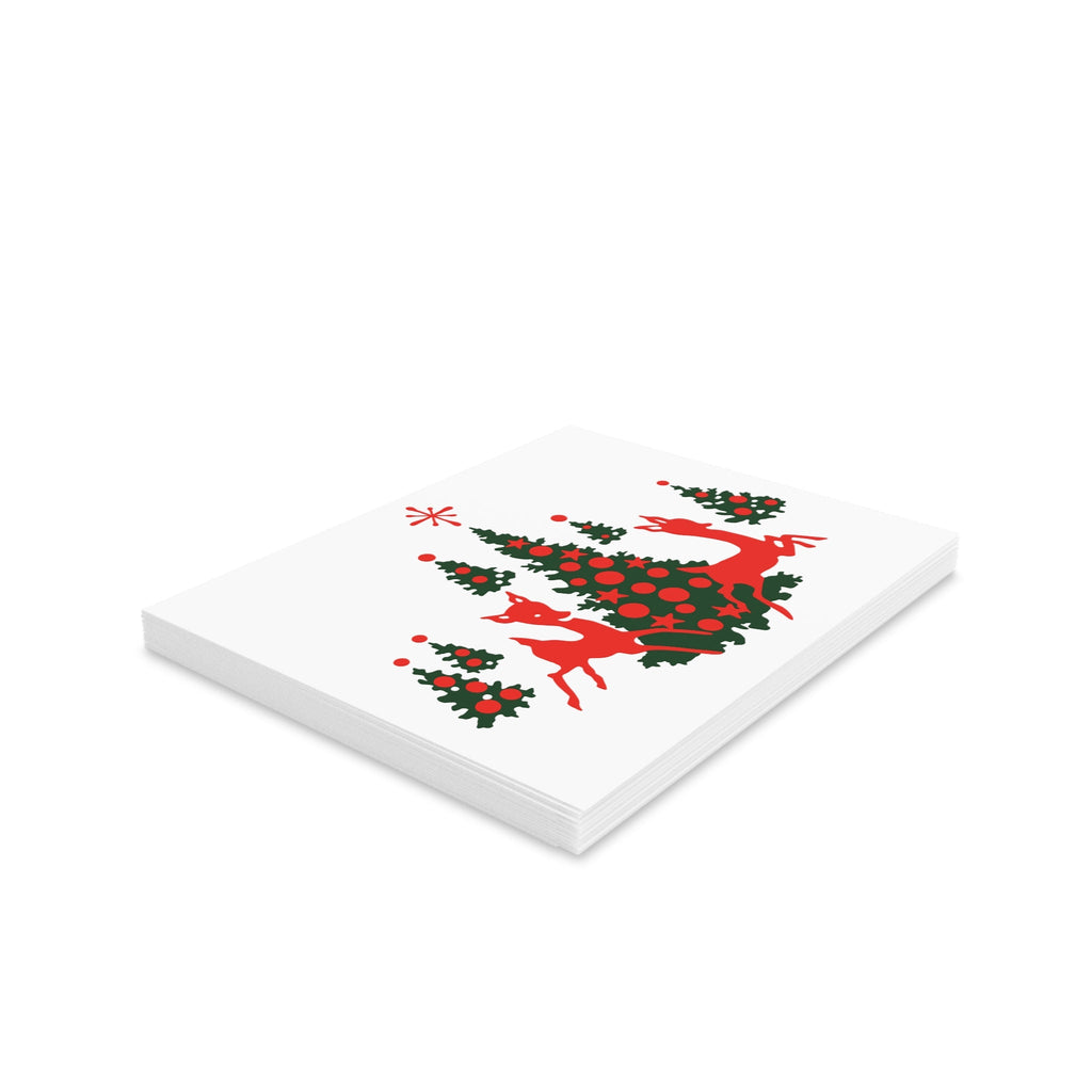 Red Reindeer Christmas Trees Mid Century Retro Christmas Print Matte Greeting Cards (8, 16, and 24 pcs)
