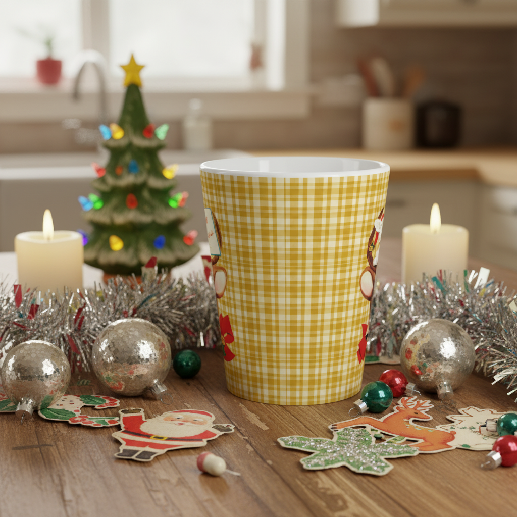 Merry Christmas Reindeer And Bunny Yellow Plaid Mid Century Retro Christmas Latte Mug