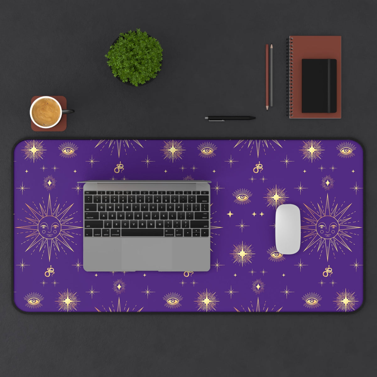 Celestial Gold Sun Stars Tarot Purple Desk Mat - 3 size options