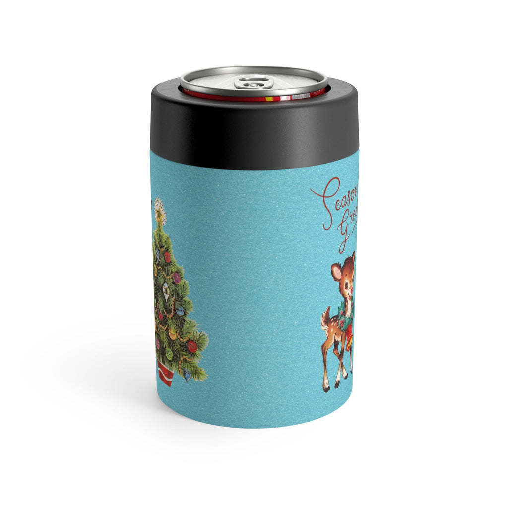 Season's Greeetings Reindeer Christmas Tree Blue Background Mid Century Retro Christmas Print Stainless Steel Can Holder