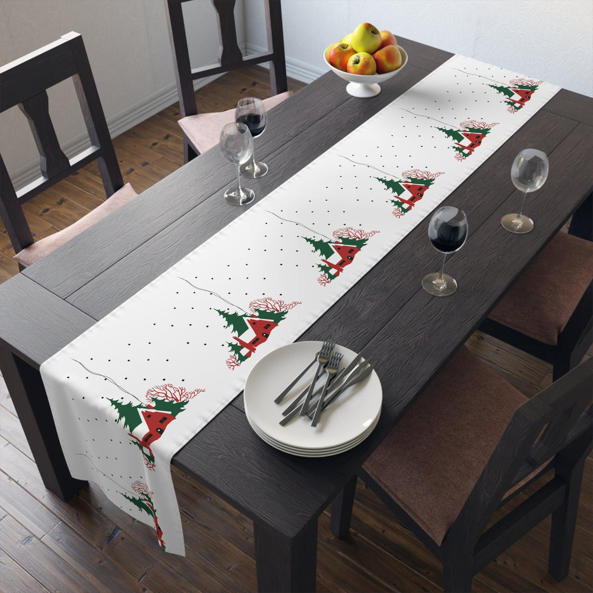 Cozy Christmas Home In Snow Mid Century Retro Christmas Print Home Decor Cotton Poly Table Runner
