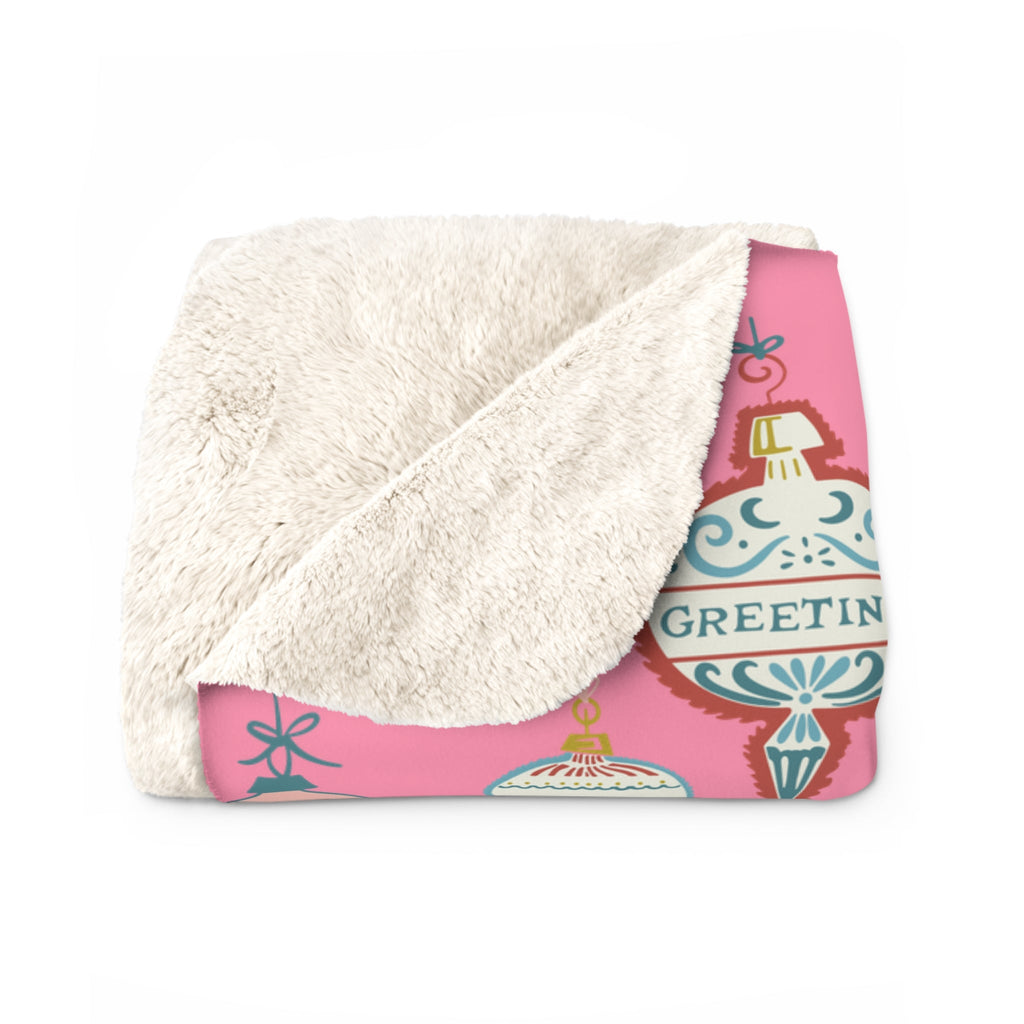 Greetings Christmas Ornaments Retro Style Pink Christmas Print Sherpa Fleece Blanket