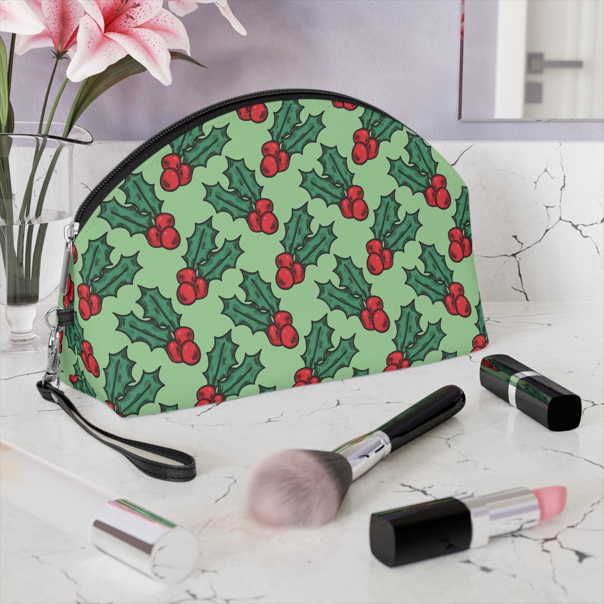 Cute Christmas Holly Green Christmas Cosmetic Travel Makeup Bag