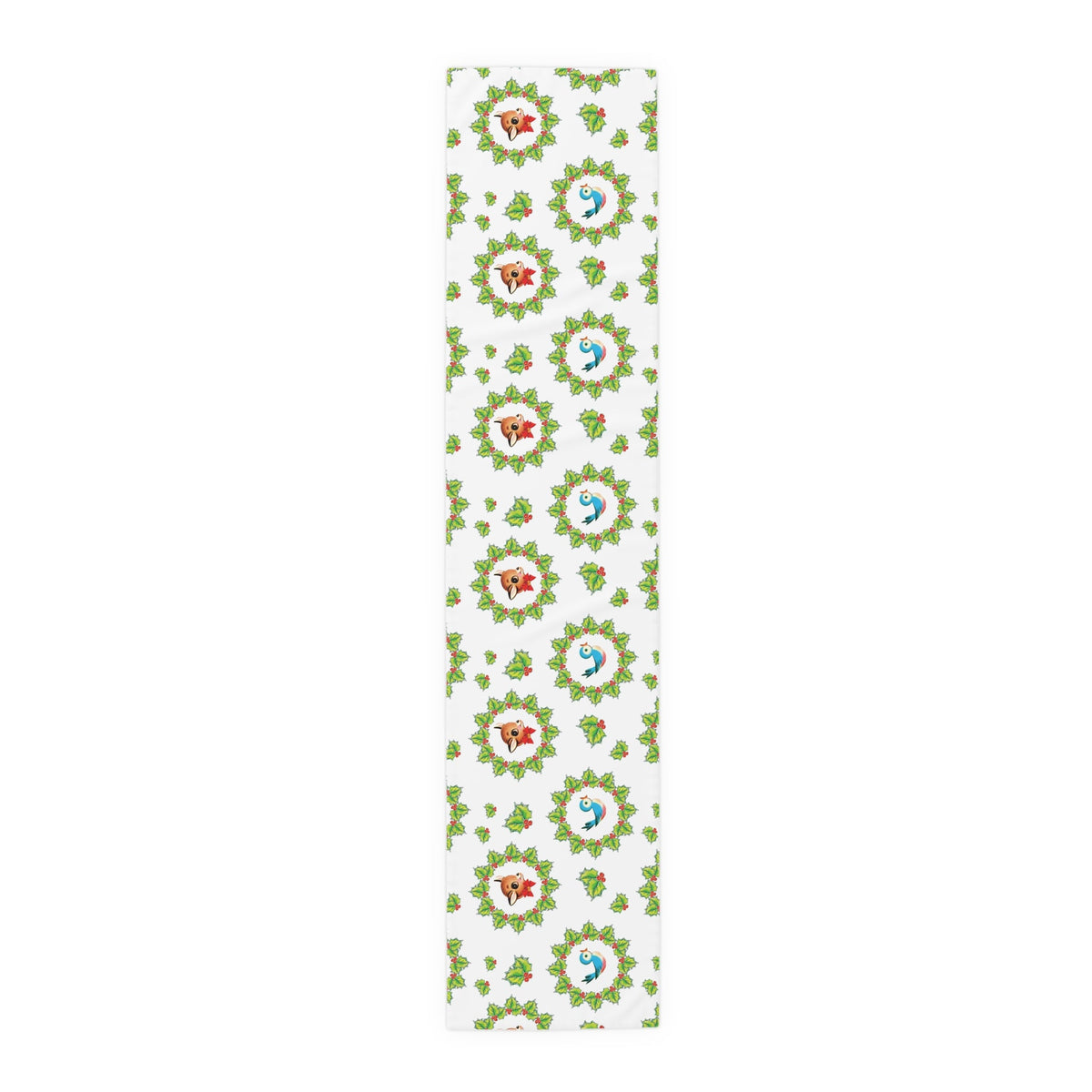 Christmas Bluebirds And Reindeer In Holly Berry Wreath Mid Century Retro Christmas Print Home Decor Cotton Poly Table Runner