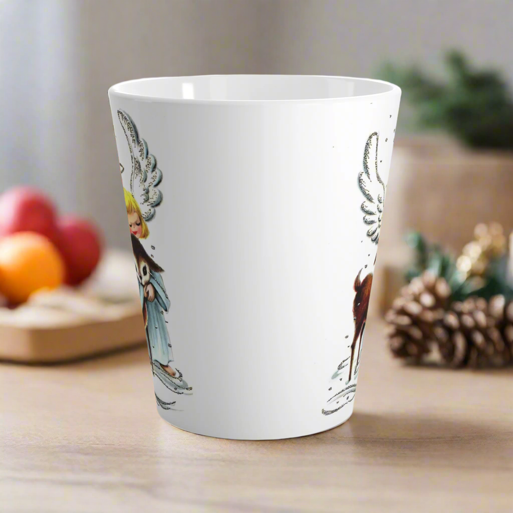 Angel Hugging Baby Fawn Deer Mid Century Retro Christmas Latte Coffee Mug