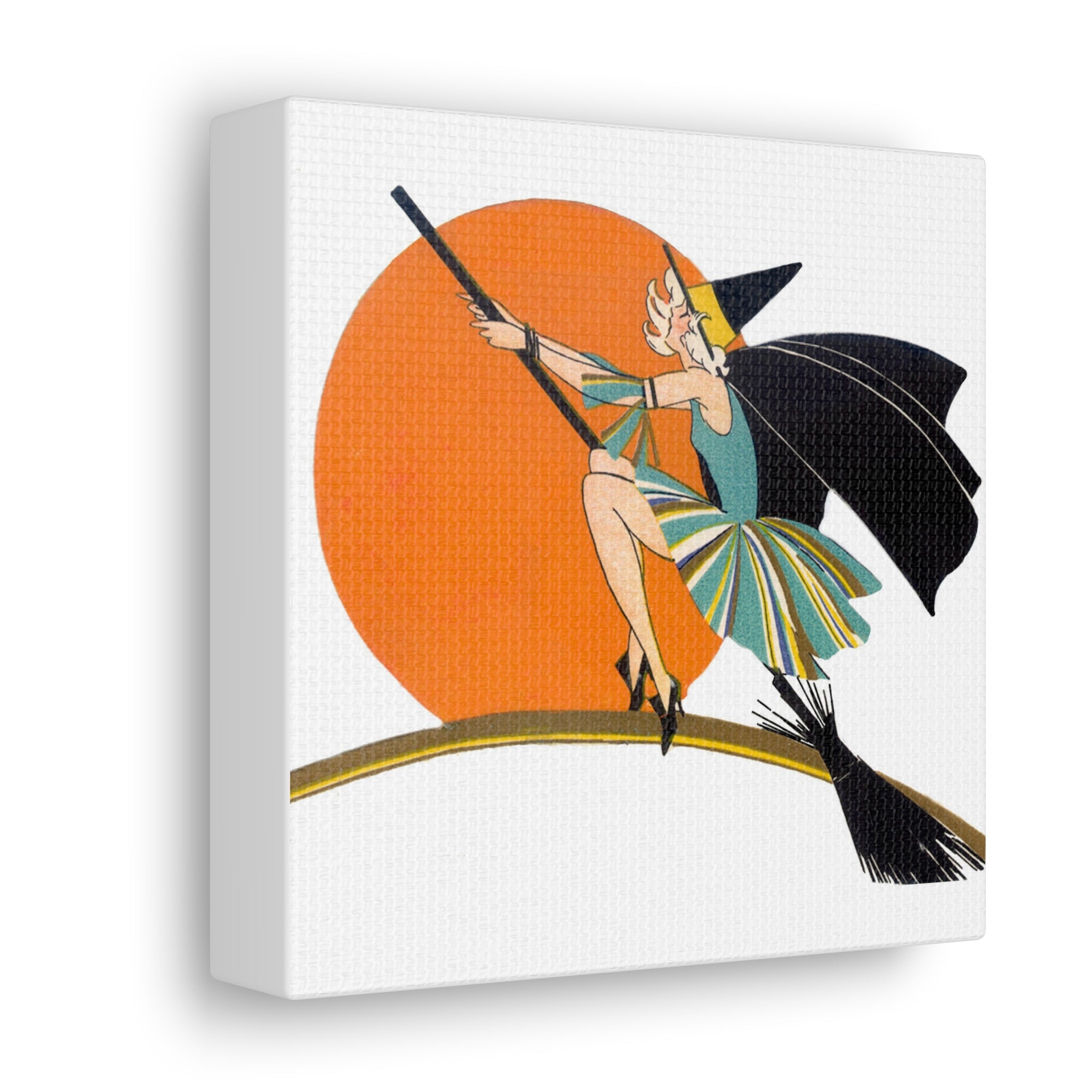 Flapper Witch On Broom Orange Moon Retro Halloween Decor Print Canvas Gallery Wrap