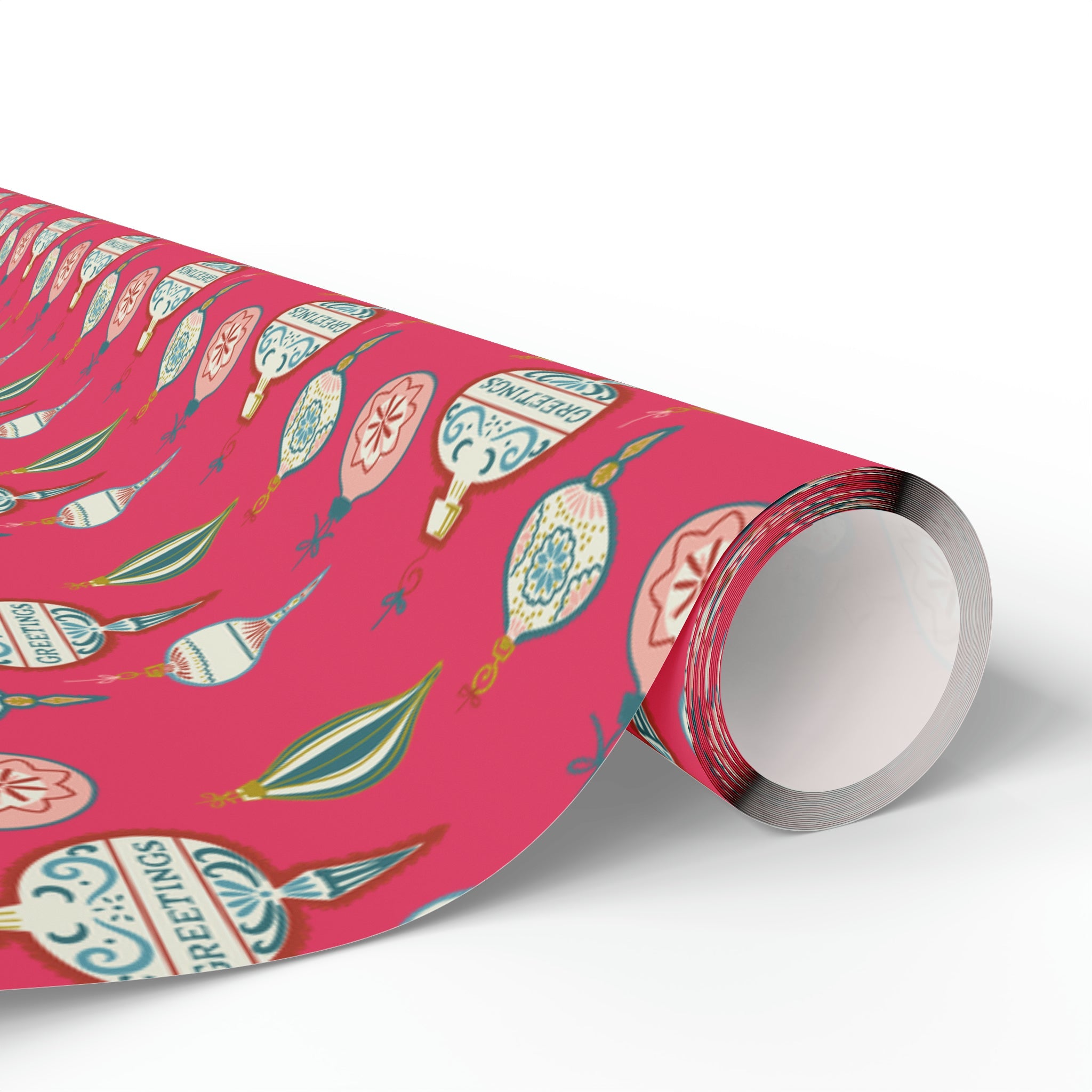 Greetings Christmas Ornaments Pink Retro Style Christmas Holiday Gift Wrap Paper - Glossy Or Matte