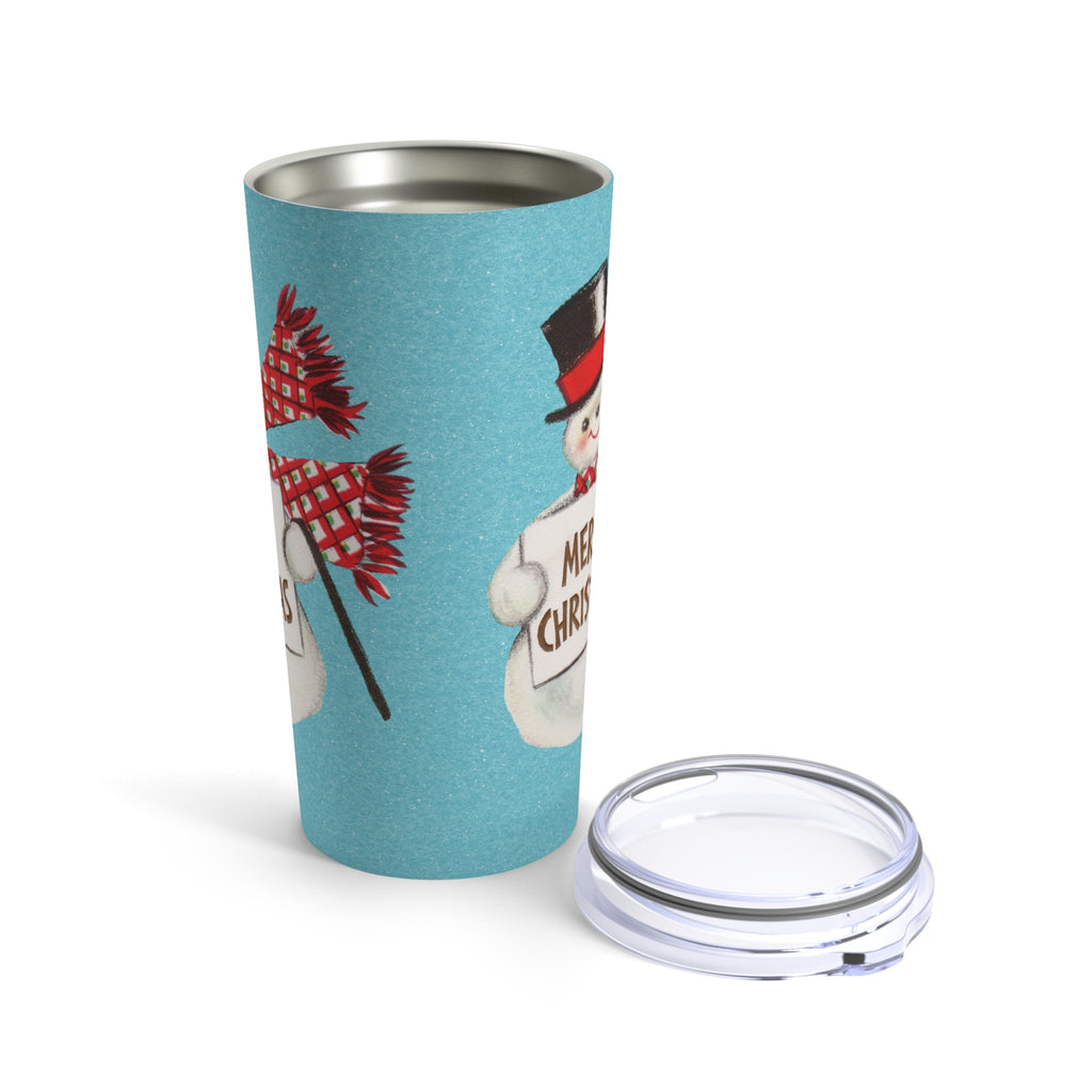 Merry Christmas Snowman Blue Mid Century Retro Christmas Print Stainless Steel Tumbler 20oz