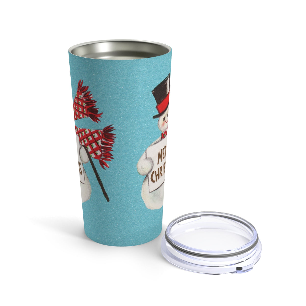 Merry Christmas Snowman Blue Mid Century Retro Christmas Print Stainless Steel Tumbler 20oz