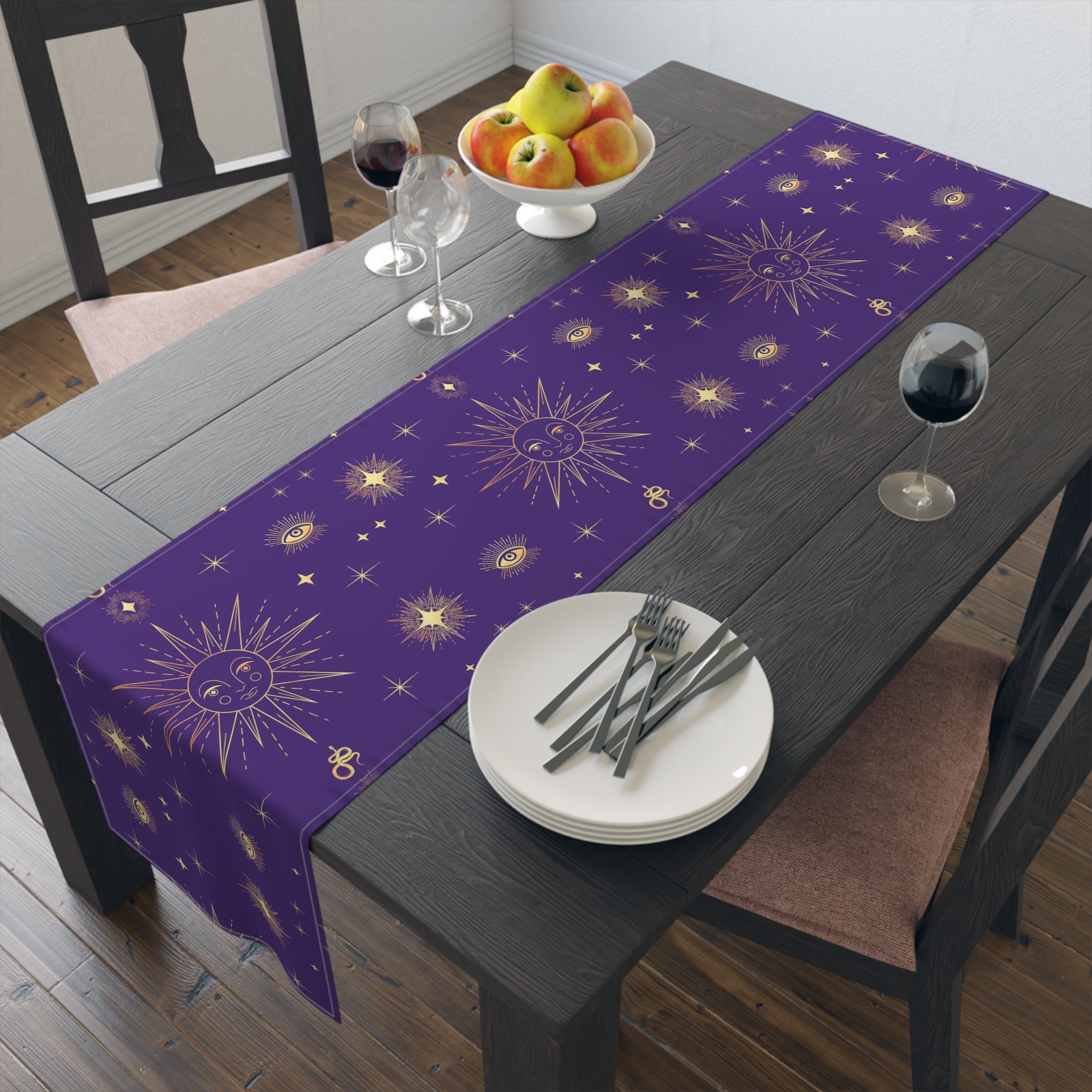 Celestial Gold Sun Stars Tarot Purple Cotton Poly Table Runner