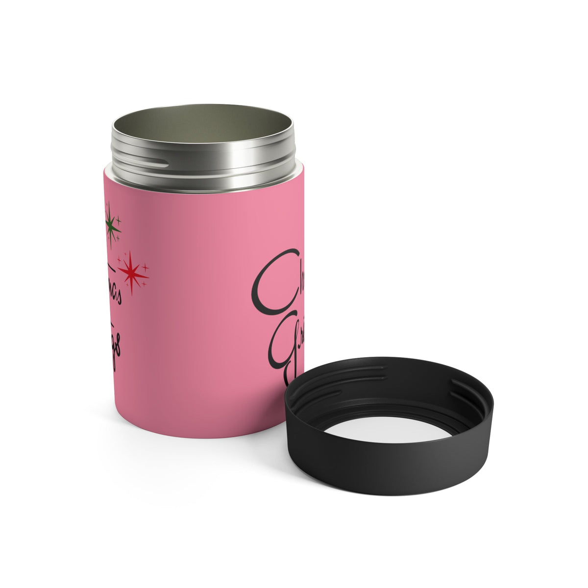Christmas Greetings Starburst Pink Mid Century Retro Christmas Print Stainless Steel Can Holder