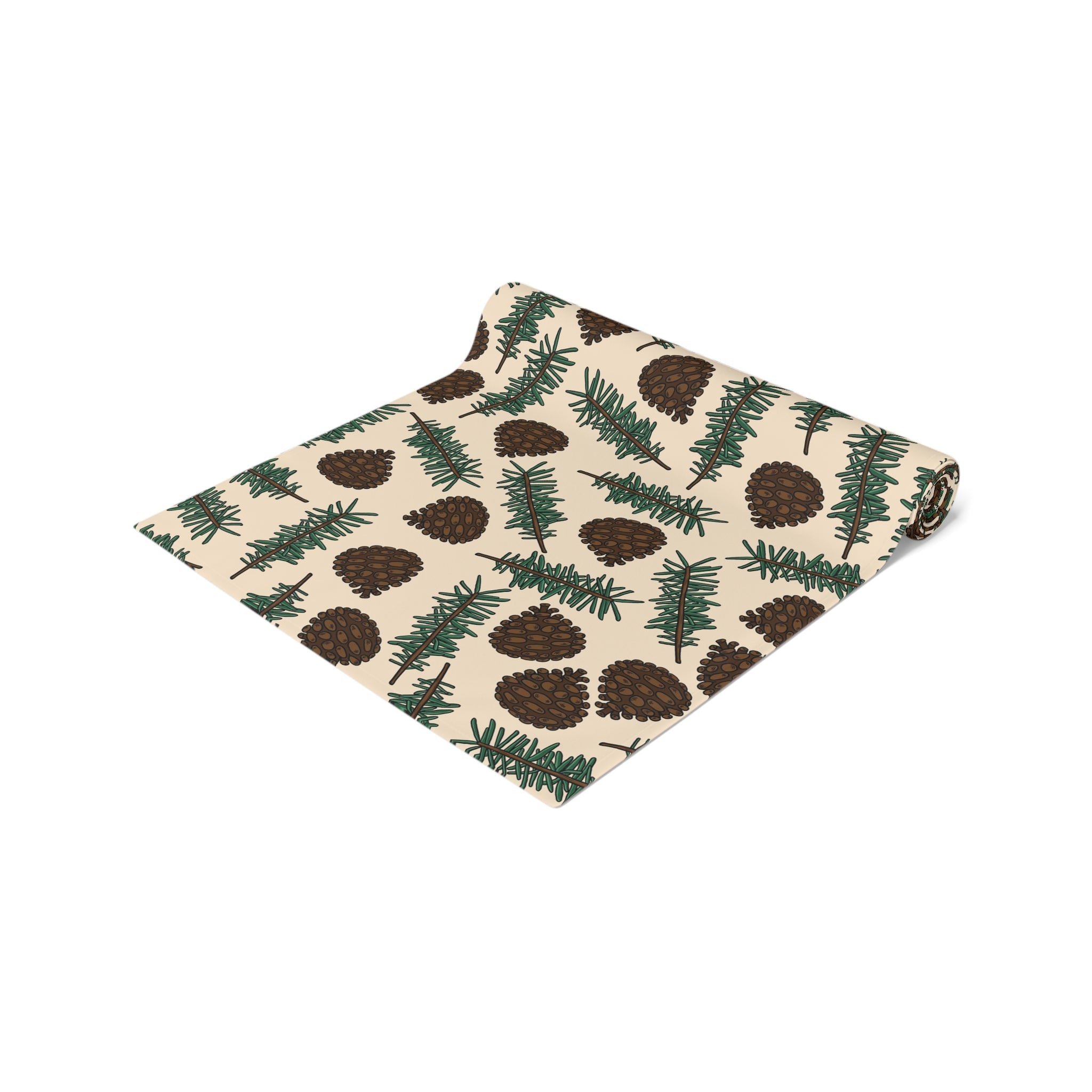 Pinecones With Sprigs Of Pine Cute Winter Christmas Print Home Decor Cotton Poly Table Runner
