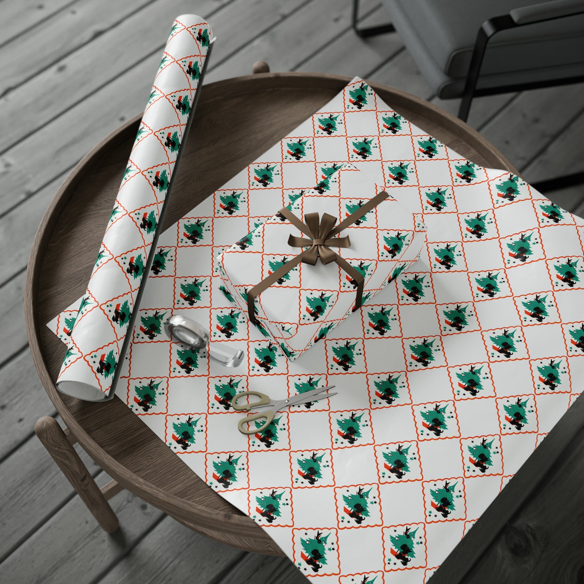 Christmas Scottie Blackbird Tree Mid Century Retro Christmas Print Holiday Gift Wrap Paper - Glossy Or Matte