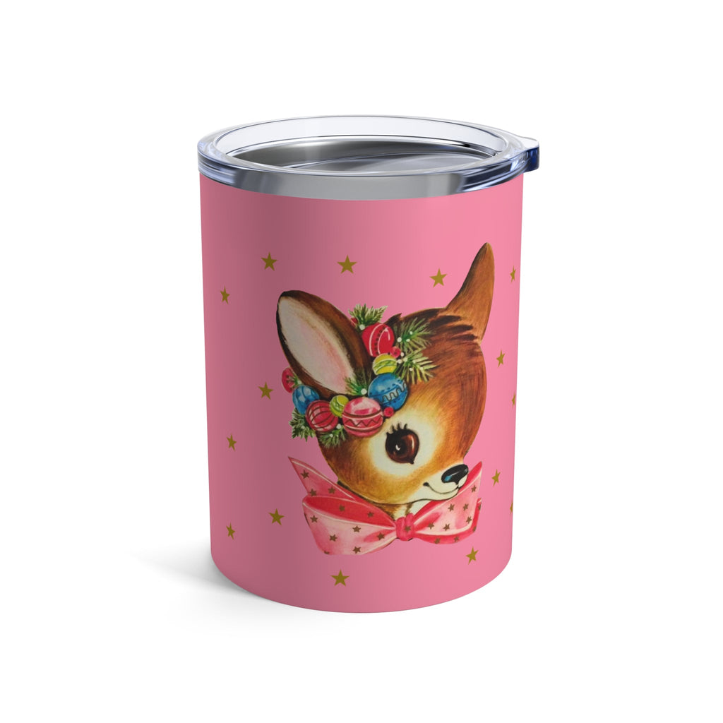 Reindeer Gold Stars Retro Pink Christmas Print Stainless Steel Tumbler 10oz