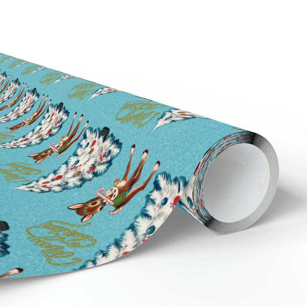 Merry Christmas Reindeer With Candy Cane Tree Blue Mid Century Retro Christmas Print Holiday Gift Wrap Paper - Glossy Or Matte