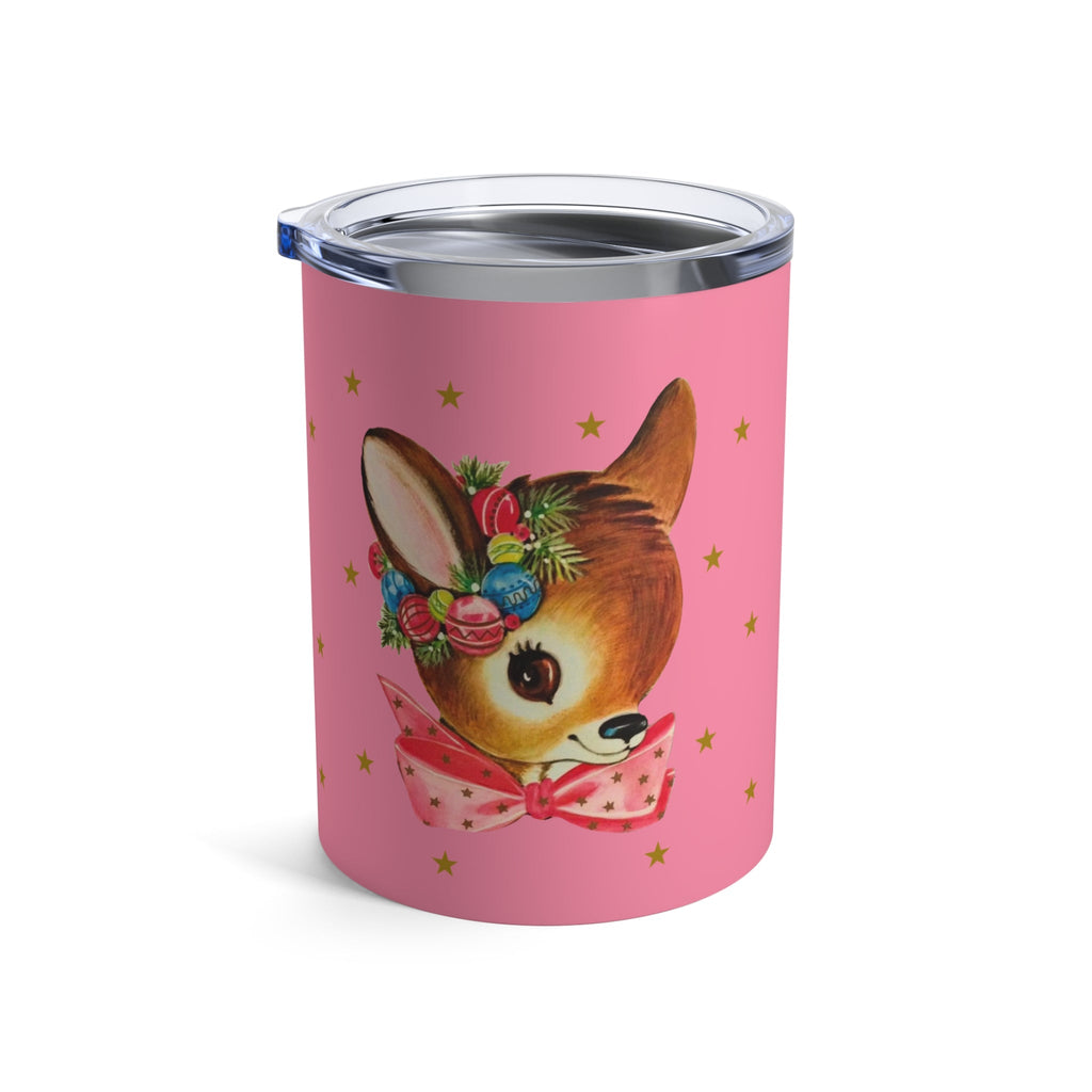 Reindeer Gold Stars Retro Pink Christmas Print Stainless Steel Tumbler 10oz