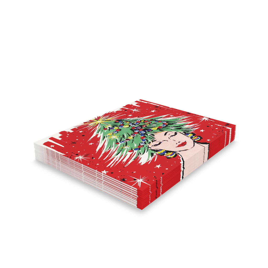 Christmas Tree Hat Lady Mid Century Retro Christmas Print Matte Greeting Cards (8, 16, and 24 pcs)