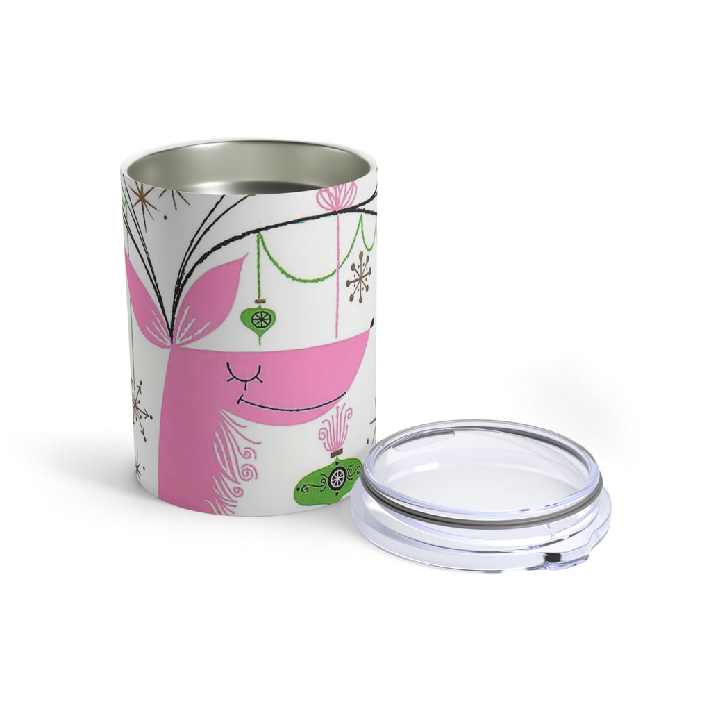 Pink Reindeer With Ornaments Mid Century Retro Christmas Print Stainless Steel Tumbler 10oz