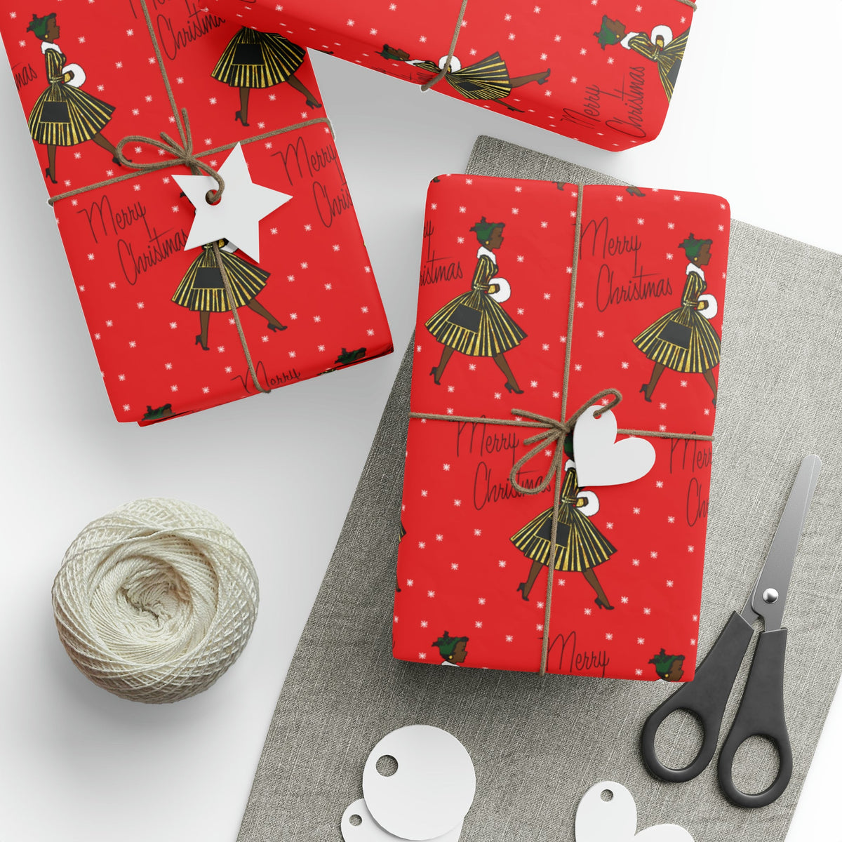 Merry Christmas Lady In Snow Red Mid Century Retro Christmas Print Holiday Gift Wrap Paper - Glossy Or Matte