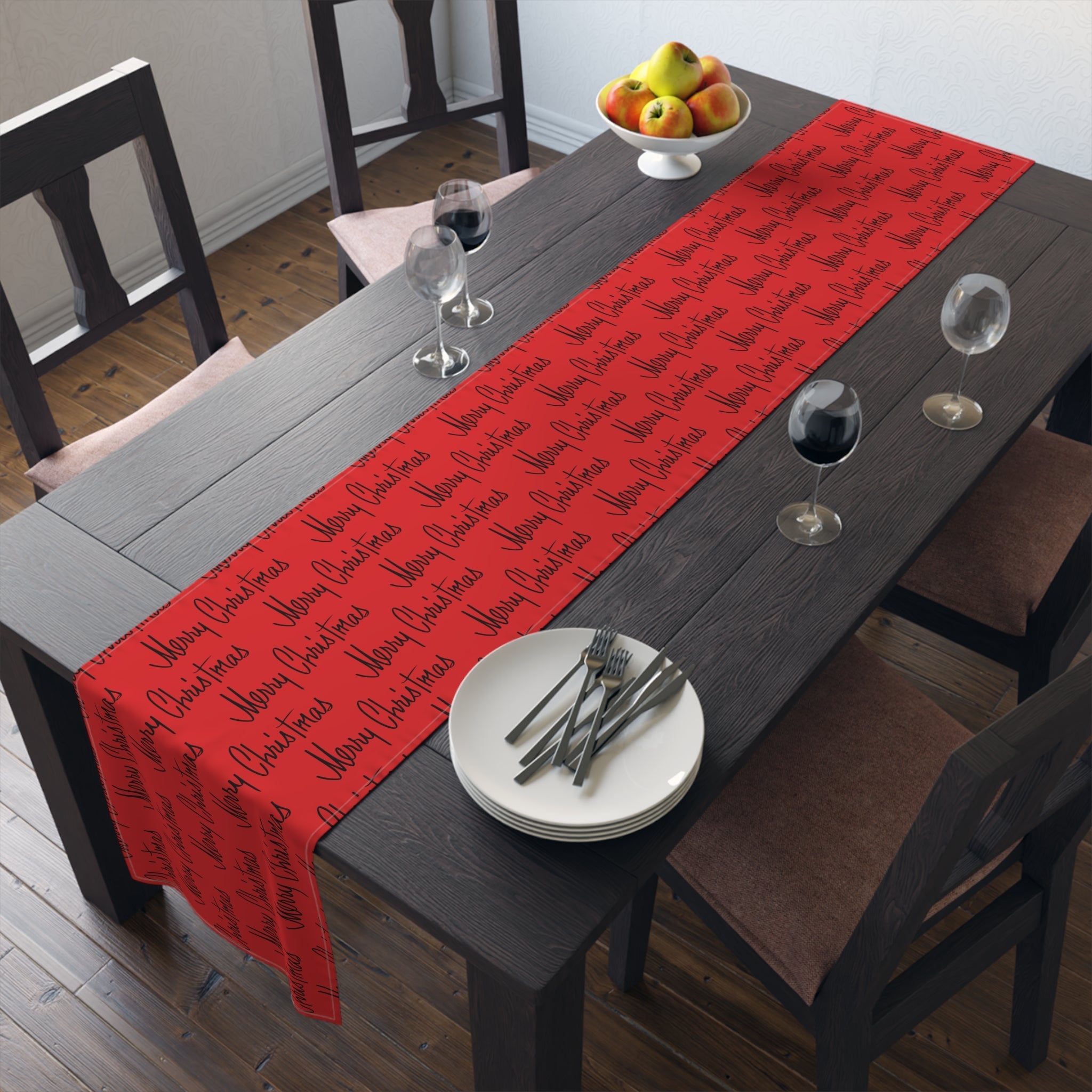 Merry Christmas Mid Century Retro Style Red Christmas Print Home Decor Cotton Poly Table Runner