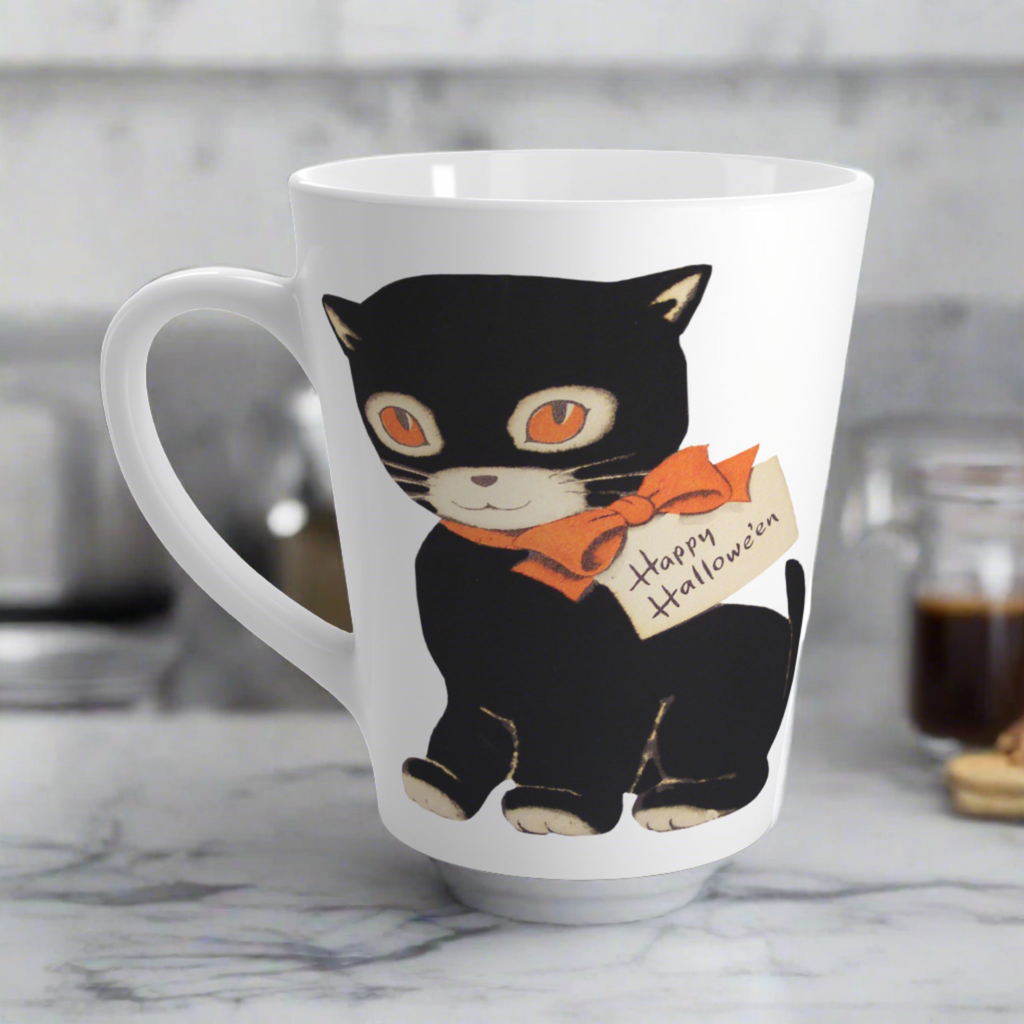 Happy Halloween Black Cat Retro Vintage Halloween Print Latte Coffee Mug
