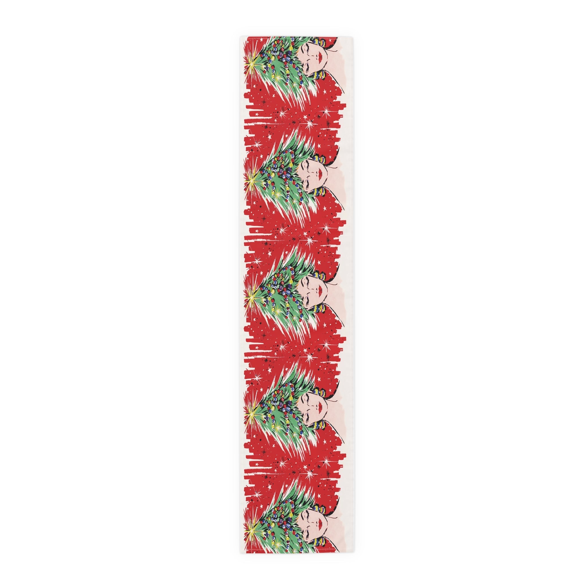 Christmas Tree Hat Lady 50s Mid Century Retro Christmas Print Home Decor Cotton Poly Table Runner