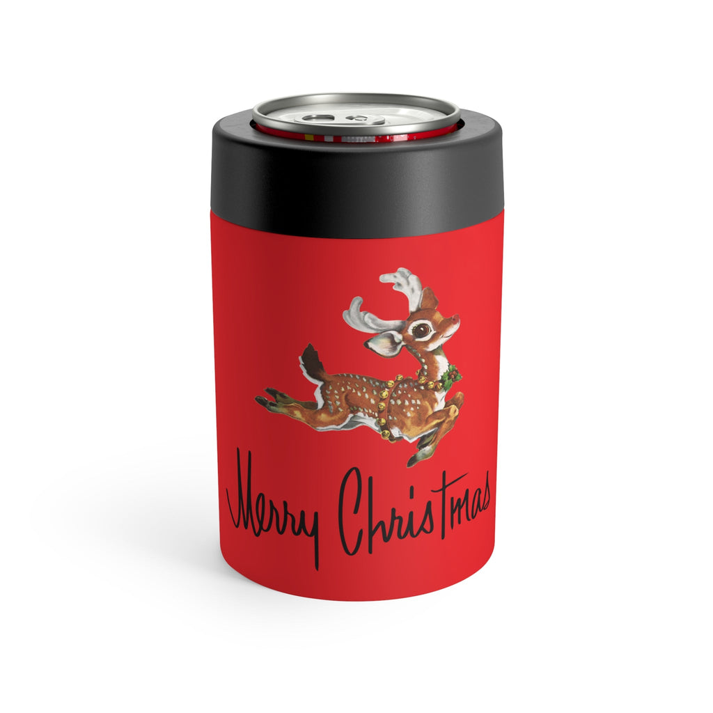 Merry Christmas Reindeer Red Mid Century Retro Christmas Print Stainless Steel Can Holder