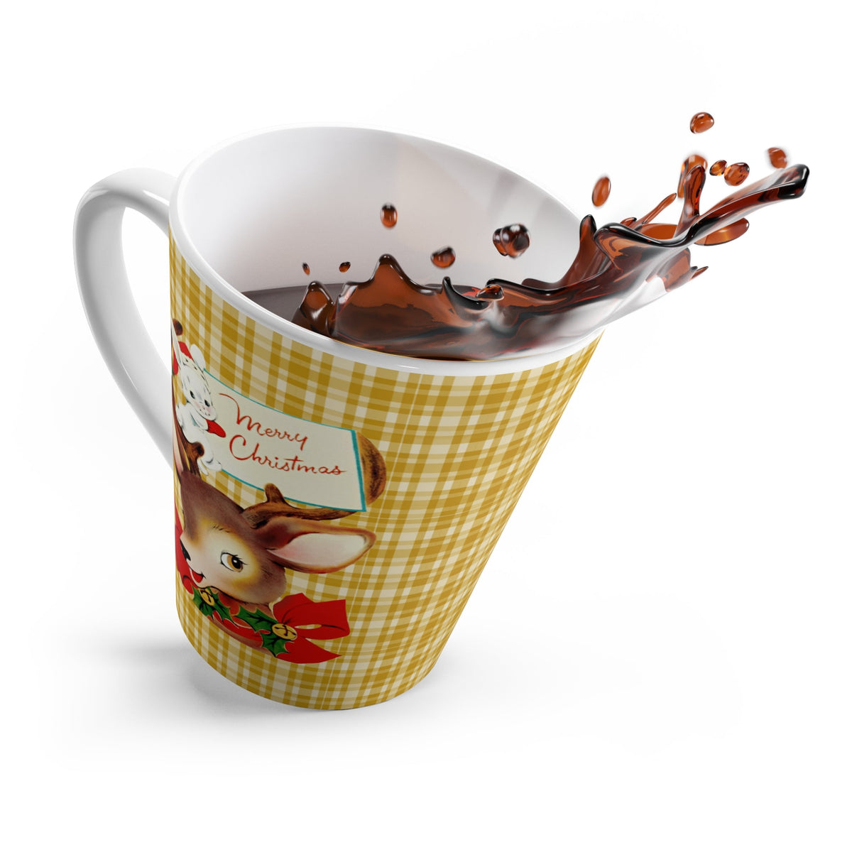 Merry Christmas Reindeer And Bunny Yellow Plaid Mid Century Retro Christmas Latte Mug