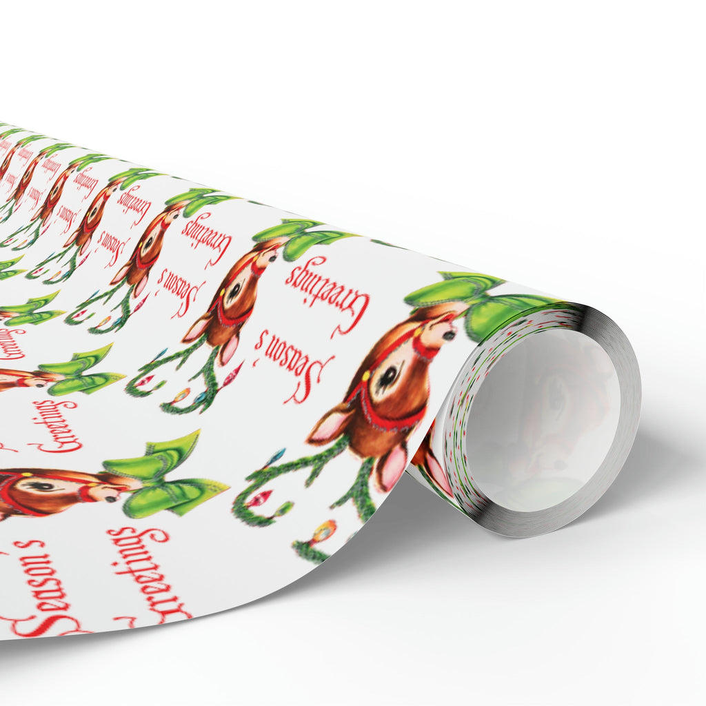 Season's Greetings Reindeer Mid Century Retro Christmas Print Holiday Gift Wrap Paper - Glossy Or Matte