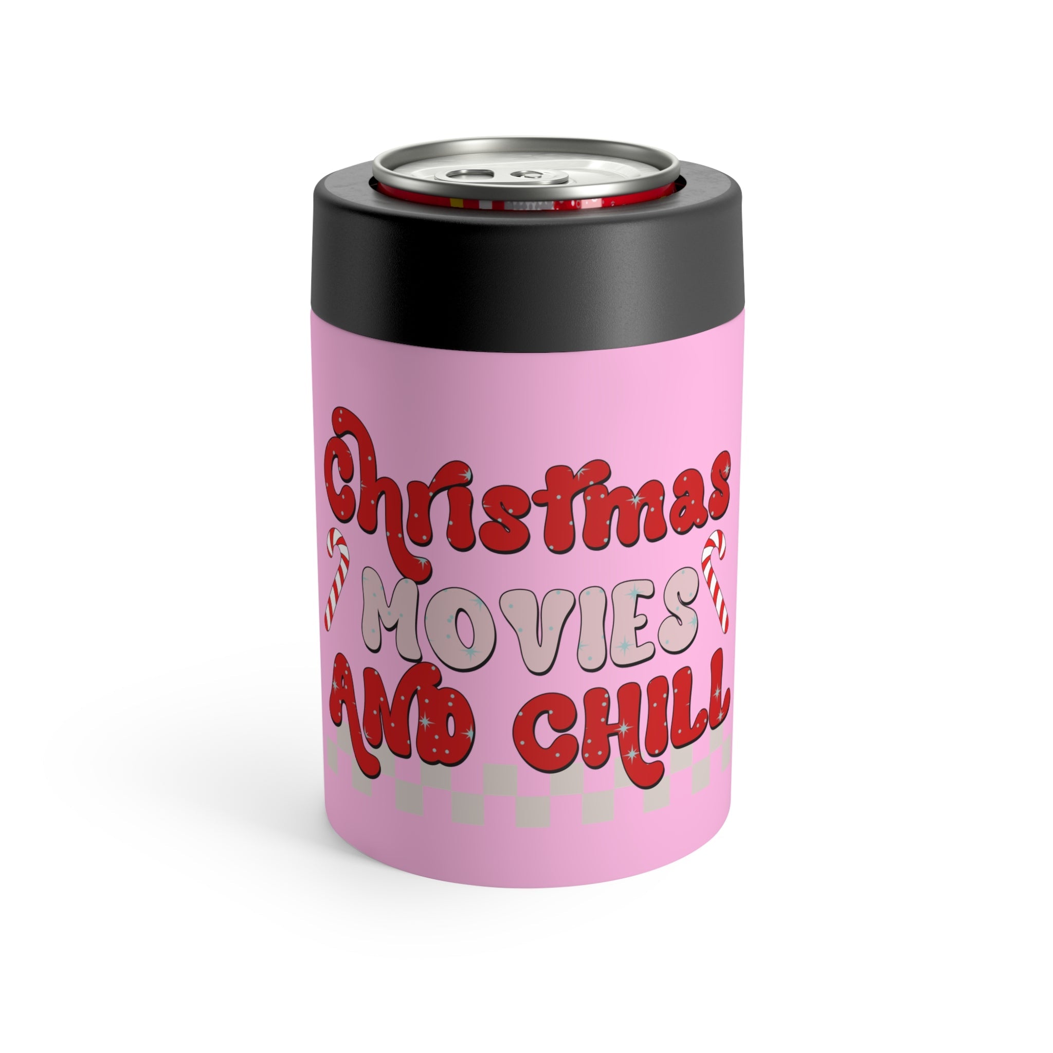 Christmas Movies And Chill Pink Christmas Print Stainless Steel Can Holder