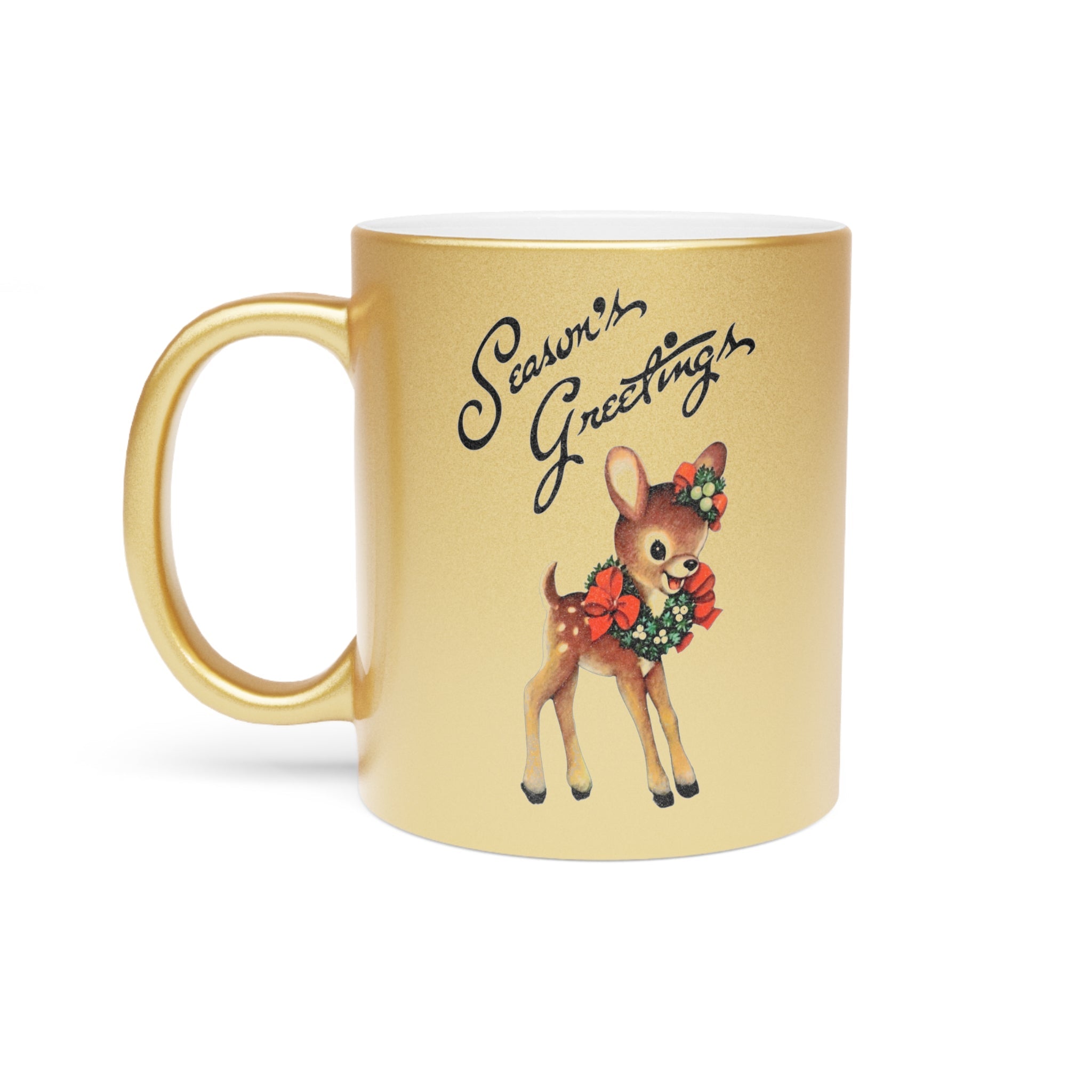 Season's Greetings Cute Reindeer Mid Century Retro Christmas Gold Metallic Mug